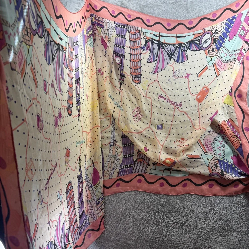 Hermes Paris Silk Scarf Bon Voyage Travel Landmark Print Pink Polka Dot France